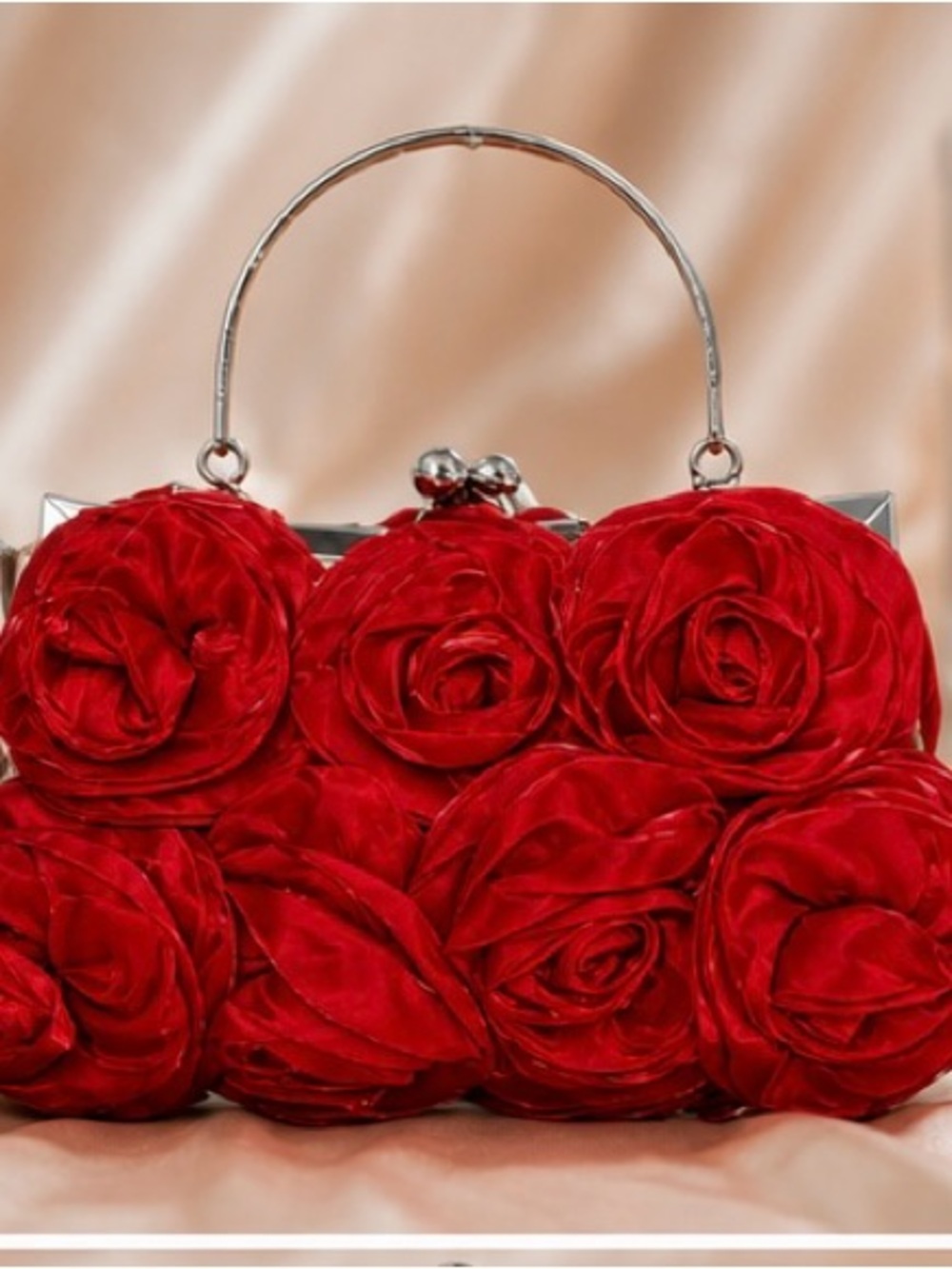 Helen Heart Red Rosette Formal Evening Bag NWT Silver Handle Chain Strap - Picture 7 of 8